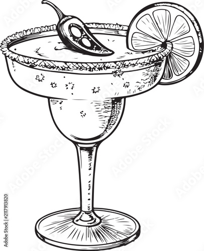 Spicy margarita cocktail Hand-drawn Sketch Drawing Vector Illustration, Line Linear Symbol Black and White Engraving, Isolated