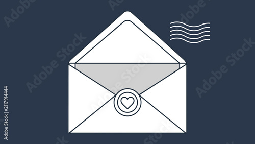 Clean minimalist illustration of a white open envelope with a prominent heart seal and a stylized postage stamp symbol, set against a sophisticated dark blue background.