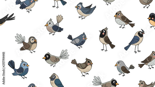 Charming seamless pattern featuring a delightful assortment of cartoon birds in various poses and colors, creating a lively and playful avian background perfect for children's designs.