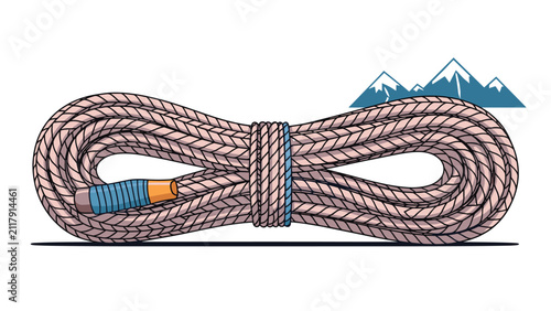 Dynamic illustration of a tightly coiled climbing rope, securely tied, with subtle blue mountain peaks in the background, symbolizing adventure, mountaineering, and outdoor sports.
