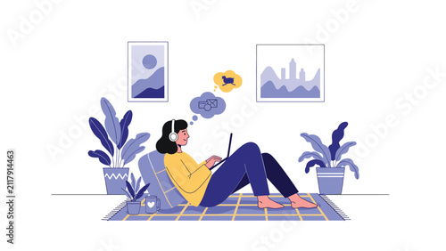 Contemporary illustration of a young woman comfortably working on her laptop while listening to music with headphones, surrounded by lush potted plants in a cozy home environment.