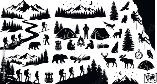 Canvas Print Mountain Hiking Camping and Wildlife Outdoor Adventure Silhouette Vector Icon Se