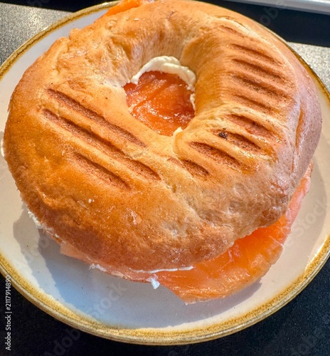 Delicious Breakfast Presentation. Salmon Bagel With Cream Cheese