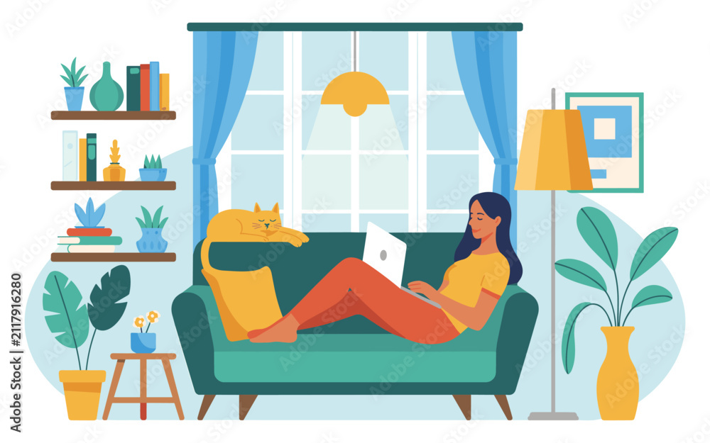 Obraz premium Relaxed young woman working on her laptop while lying on a comfortable sofa with her yellow cat sleeping beside her.
