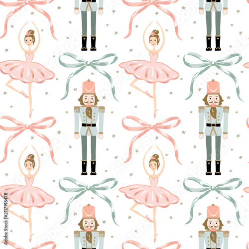 Christmas seamless pattern, Nutcracker, ballerina, bows, stars, white background. Vector illustration. Festive design. Season greeting. Winter holidays wrapping