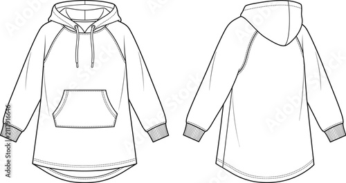 Foto Blank oversized raglan hoodie technical flat sketch template front and back view