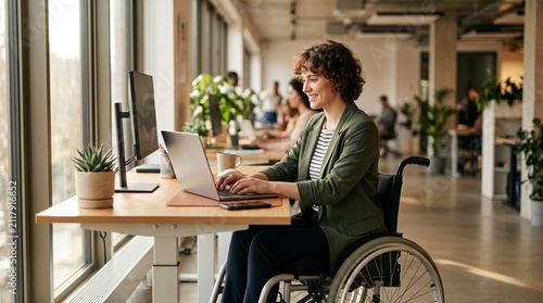 Inclusive Workplace: A woman in a wheelchair diligently works on her laptop at a standing desk in a modern, sunlit office, symbolizing a welcoming and diverse work environment.
