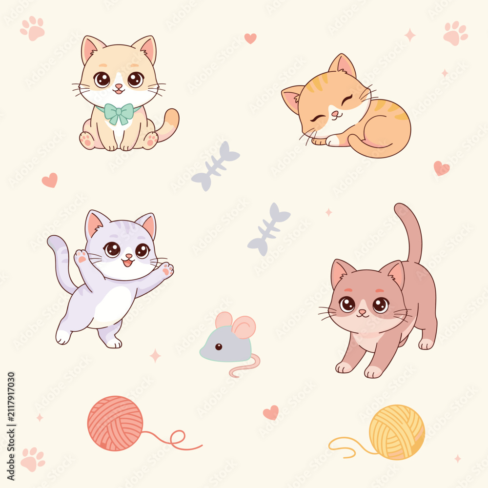 Fototapeta premium Adorable cartoon cats playing sleeping and interacting with toys yarn and mouse