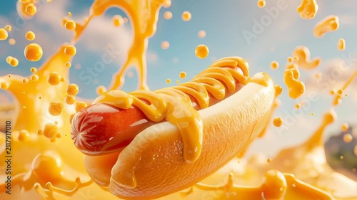 Captivating Levitation of a Classic Hot Dog with Dripping Mustard and Dynamic Splash Ideal for Bold Fast Food Advertising