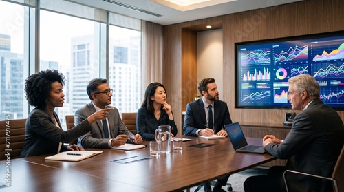 Boardroom Synergy: A group of professionals engages in a dynamic discussion in a modern boardroom, with a large screen displaying financial data, highlighting collaboration and strategic planning.