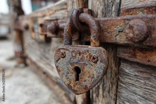 Rusty padlock on an old wooden gate