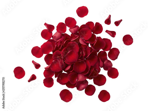 Pile of deep red rose flower petals scattered as isolated on transparent background