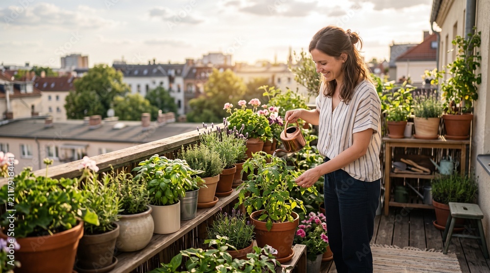 Fototapeta premium Balcony Garden Serenity: A young woman lovingly waters her flourishing balcony garden, surrounded by an abundance of lush plants and the soft, warm light of a setting sun.