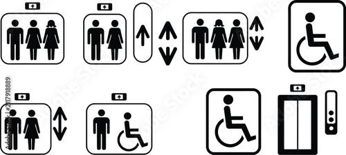 Elevator directional signs and access symbols vector illustration.