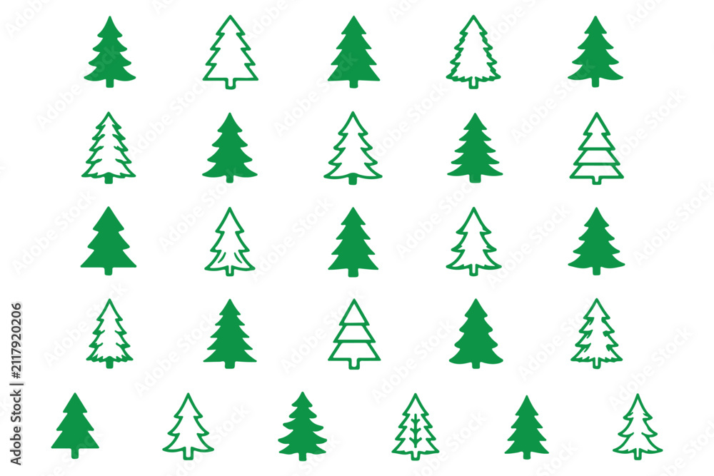Obraz premium Minimalist black pine tree silhouette vector icon set featuring geometric winter forest fir shapes and clean linear spruce stencils isolated on a solid white background