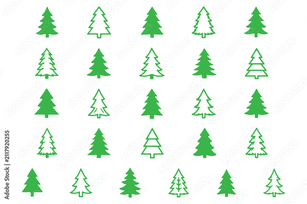Obraz premium Minimalist black pine tree silhouette vector icon set featuring geometric winter forest fir shapes and clean linear spruce stencils isolated on a solid white background