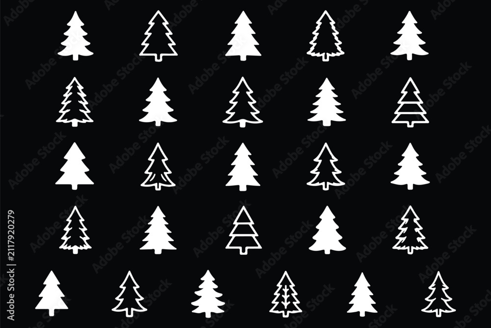 Obraz premium Minimalist black pine tree silhouette vector icon set featuring geometric winter forest fir shapes and clean linear spruce stencils isolated on a solid white background