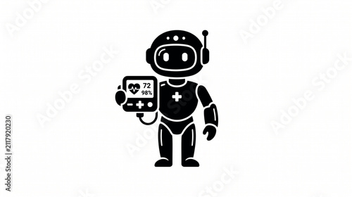 Medical robot assistant vector icon, futuristic healthcare android holding heart rate monitor, black silhouette robot for digital health apps