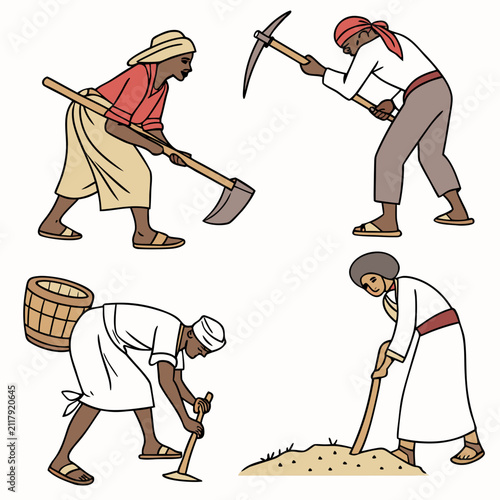 Cuadro en lienzo Flat vector set of historical grain threshing tools from different cultures, sim