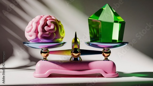 Human brain and green crystal on scales. Balancing mental health with material wealth.