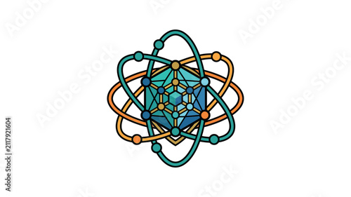 A complex geometric atomic structure illustration combining science and sacred geometry elements with orbiting electron paths in blue and green tones.