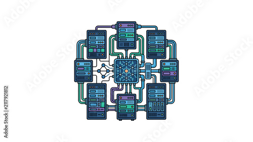 A central computer processor connected to multiple server units via a complex network of cables and data lines.