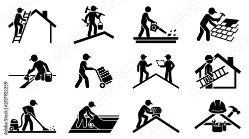 Roofer and House Roof Repair Vector Icon Set, Roofing Contractor Maintenance Builder Pictogram Collection Isolated on White Background for Home Renovation Service Industry Brand Logo Design