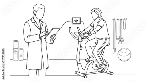 A physical therapist monitoring a patient exercising on a stationary bike.