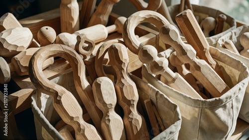 Hand carved wooden objects in a workshop. Artisan woodcraft pieces in a storage bin.