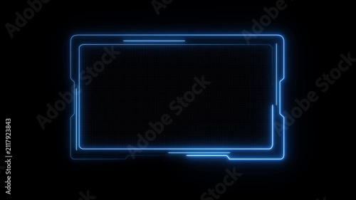 Futuristic blue HUD interface design central screen panel with a glowing hexagon grid background. neon hud ui picture frame animated.