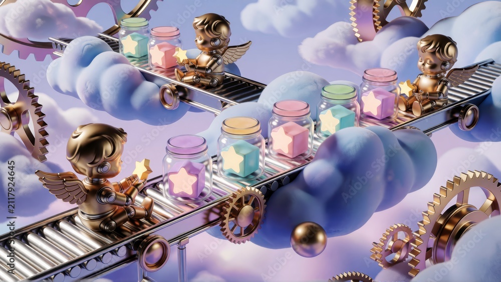 Fototapeta premium Golden cherubs on mechanical conveyor belts. Surreal 3D render of angels with glowing stars.