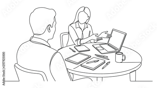 Continuous line drawing of two colleagues having a business meeting at a round table.