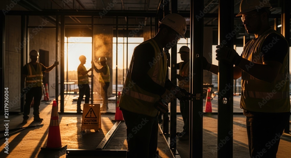 Fototapeta premium Construction Workers Building Structures During Golden Hour Sunset