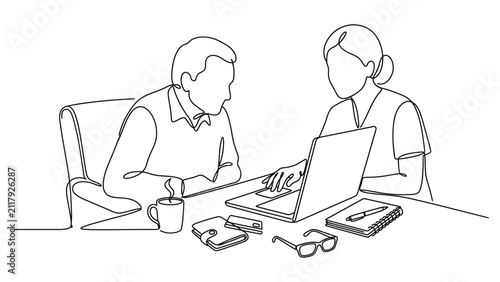 Continuous line drawing of a business meeting with man and woman working on laptop.