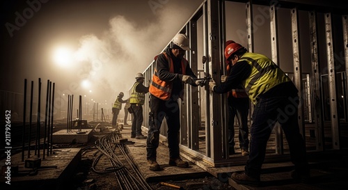 Construction Workers Unite To Build Modern Framework With Dramatic Lighting