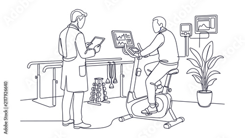 Continuous line art illustration of a doctor monitoring a patient on an exercise bike.
