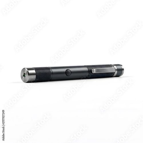 Modern Black Laser Pointer Pen with Clip on White Background, Studio Shot