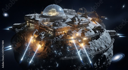 Space station orbits a rugged moon with glowing landing lights and metallic textures against a dark void.