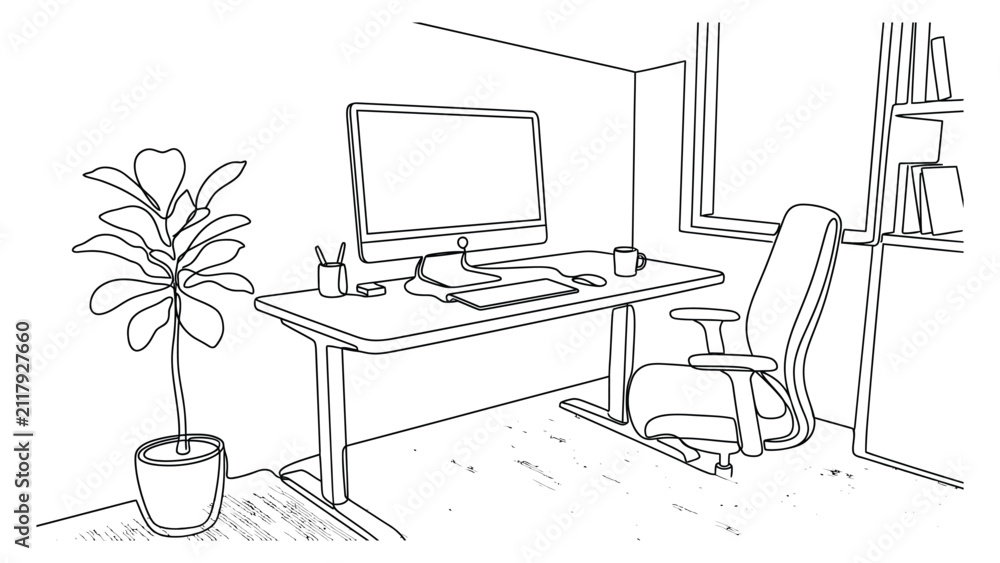Fototapeta premium Line art illustration of a modern home office desk workspace with a computer.
