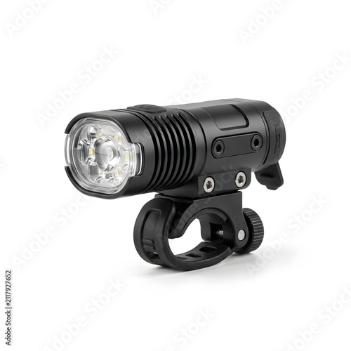 Modern Black LED Bicycle Headlight with Mounting Bracket, Isolated on White Background - Outdoor Cycling Safety Equipment