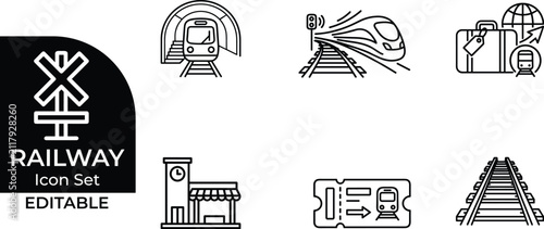 Cuadro en lienzo Railway icon set featuring train station travel transport and locomotive symbols for design