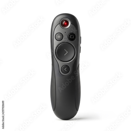Modern black presentation clicker remote with red laser pointer and buttons on white background, studio shot.