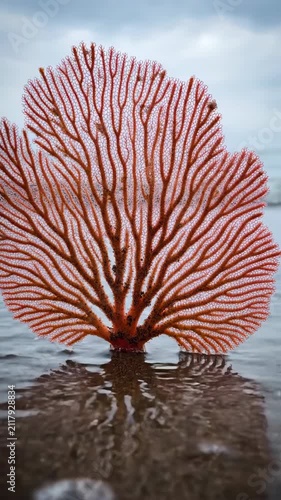 Delicate marine fan coral in ocean water with water reflections