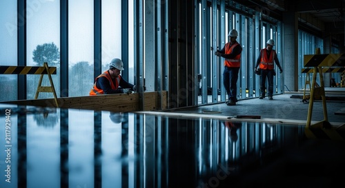 Construction Workers Building Interior Framework With Natural Light And Reflections