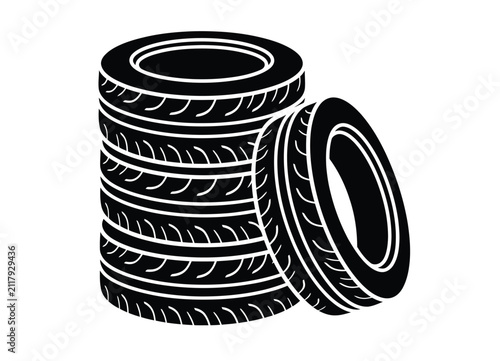 Stack of Car Tires Vector Illustration in Black and White Automotive Silhouette Style  