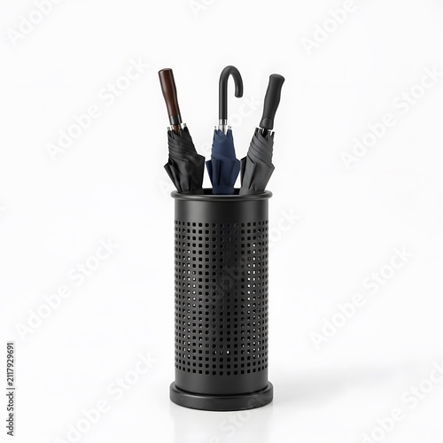 Modern Black Umbrella Stand with Three Umbrellas, Minimalist Design, Home Entryway Accessory