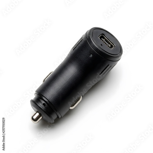 Modern Black USB Car Charger Adapter with Single Port on White Background