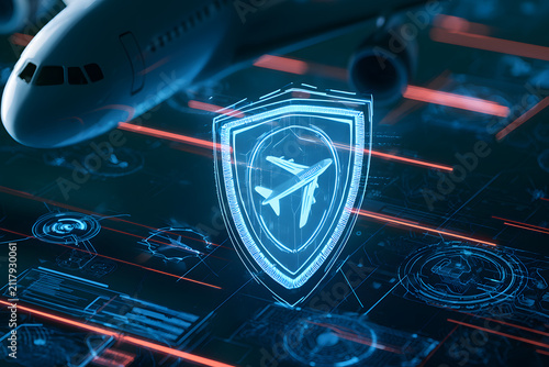 Aviation cybersecurity concept featuring a illuminated airplane with tech icons
