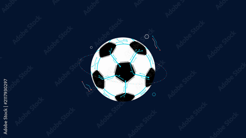 Naklejka premium Microchip soccer ball with glowing circuit traces – Ideal for smart soccer equipment, football data, or tech sports art.