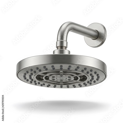 Modern Brushed Nickel Rainfall Shower Head Mounted on Wall, Isolated on White Background